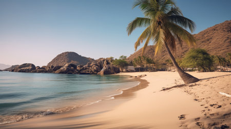 palm tree on sandy beach in chile, captured in 8k vray tracing style. nature-inspired imagery with romantic riverscapes, featuring mesoamerican influences. adventure themed elba damast photography showcases the natural setting of south america. ai generatedの素材