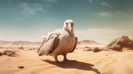 the bird stands tall amidst the dusty desert, captured in a futuristic retro style. the photorealistic portrait showcases a humorous animal scene, with a light beige and white color palette. the use of ray tracing adds depth to the traditional oceanic art, making it a contest winner. ai generatedの素材