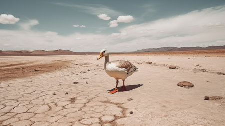 the goose stands alone on the dry land, surrounded by several mountains, captured in the style of a documentary photographer. the post-apocalyptic surrealism of the image is enhanced by the bold color scheme and uhd quality. shot with a ricoh gr iii during a heatwave, the dry wit humor of the scene is palpable. ai generatedの素材