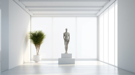 the sculpture stands alone in a spacious room with large windows, captured in stunning uhd detail. the human form is presented with accuracy and precision, showcasing the award-winning white and silver piece. the landscapist's classical style is evident in the composition of the photo. ai generatedの素材
