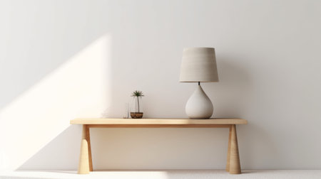 a minimalist lamp sits on a white table next to a wooden chair in this realistic rendering. the zen-inspired scene features light beige and beige tones, with quirky pottery adding texture-rich layers. the elongated shapes and uhd image make for a stunning visual. ai generatedの素材
