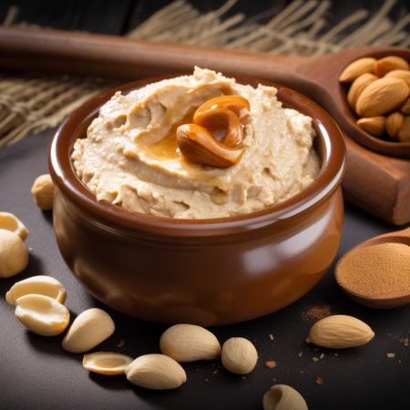 peanut hummus with almonds on top, a perfect blend of natural and man-made elements. this performance-oriented dish utilizes the creativity of dau al set and the innovation of scott adams. the light brown and beige hues of the dish are captured beautifully in this matte photo. ai generatedの素材