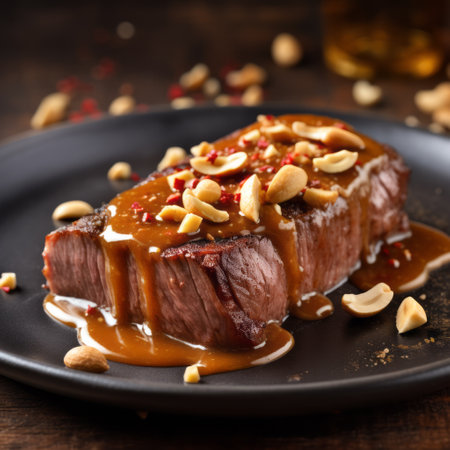 a delicious steak dish with a unique blend of cheese and caramel flavors is captured in this stunning photograph. the dish is presented in the style of tokina at-x 11-16mm f/2.8 pro dx ii lens, while the artistic influences of mark keathley, thai art, metallic surfaces, alex alemany, outlandish energy, and mars ravelo are evident in the composition. ai generatedの素材