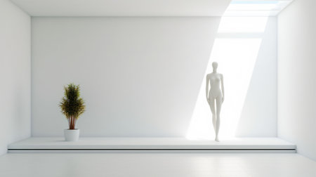 the white room is bathed in sunlight, with a lone plant on the floor. the style is a blend of realistic renderings of the human form, futuristic glam, and minimalist sculptures. the focus is on the figure, with a womancore aesthetic. the image is in ultra-high definition, showcasing the neo-geo minimalism of the scene. ai generatedの素材