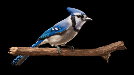 blue jay psd with a black background showcases a stunning black bird perched on a branch. the image is created in the style of bill gekas, kent monkman, and alastair magnaldo. this uhd image is perfect for commissioning and is available in 4k resolution. ai generatedの素材