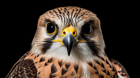 the falcon hawk in this photo is captured in stunning detail, with jagged edges and vibrant colors that make for an eye-catching composition. the black background adds to the dramatic effect, while the 8k resolution and realistic style give the image a hyper-detailed quality. this portrait is reminiscent of the evocative environmental portraits found in national geographic, and the influence of pontormo is clear inの素材