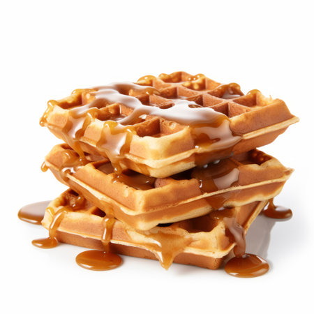 a hyper-realistic rendering of a waffle with a generous drizzle of caramel sauce, captured in high-key lighting. this creative commons attribution image showcases rough clusters and intertwining materials, in the style of group f64. ai generatedの素材