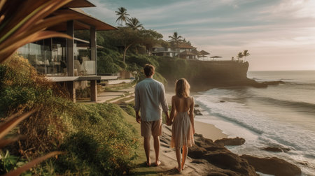 a couple walks along the beach, with mountains in the background and the ocean ahead. the dreamlike architecture and balinese art style create a y2k aesthetic, captured in stunning 32k uhd. the light orange and dark green hues add to the rustic charm of this breathtaking scene. ai generatedの素材