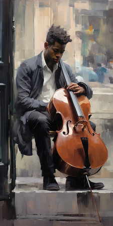 man in black shirt and white jacket sitting by a cello, captured in the style of dmitri danish and keith mallett. the painting showcases vibrant colors and realistic figurative art, with a touch of impressionist colorism. the amber hues add depth to the painting, reminiscent of the works of balcomb greene. ai generatedの素材