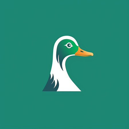 cartoon duck logo on a green background, featuring minimal retouching and hyper-realistic animal illustrations. the dark white and emerald color scheme adds a contemporary touch to the portraiture iconography. the flat background and quantumpunk style make it a unique addition to any design. ai generatedの素材