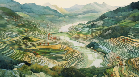 rice terraces in the mountains depicted in an artistic watercolor style, featuring intricate mapping and a juxtaposition of hard and soft lines. the evocative environmental portrait showcases a terraced cityscape with a light gold and green color palette. the historical illustration has an otherworldly quality that transports the viewer to a different time and place. ai generatedの素材