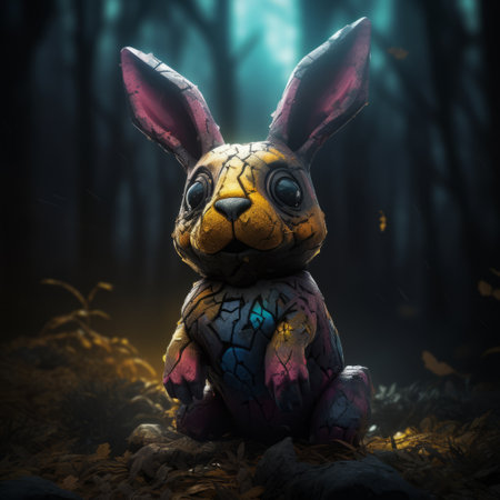 toy rabbit sitting in a forest, captured in a vibrant and textural paint effect. this graffiti-inspired animal is a hyper-realistic sculpture that evokes emotionally charged portraits. the bioluminescence of the forest adds to the surreal atmosphere of this piece. ai generatedの素材