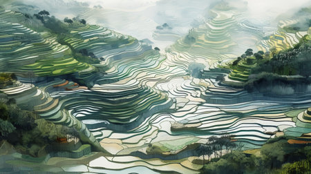 chinese rice fields landscape painting of jainang terraces, created in the style of digital illustration by petros afshar. the artwork features transparent layers that beautifully capture the essence of nature. the organic fluidity of the painting, as seen in the light white and teal colors, is reminiscent of the works of alejandro burdisio. ai generatedの素材