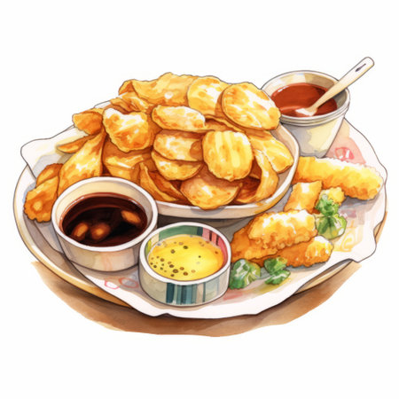 hot rice and vegetables are beautifully illustrated in a watercolor style, reminiscent of party kei and ken sugimori's monochrome paintings. the aerial view of the dish is captured in a pseudo-realistic manner, with warm amber tones adding to the overall appeal. keywords: hot rice, vegetables, watercolor illustrations, party kei, ken sugimori, monochrome painting, aerial view, pseudo-realistic, amber. ai generatedの素材