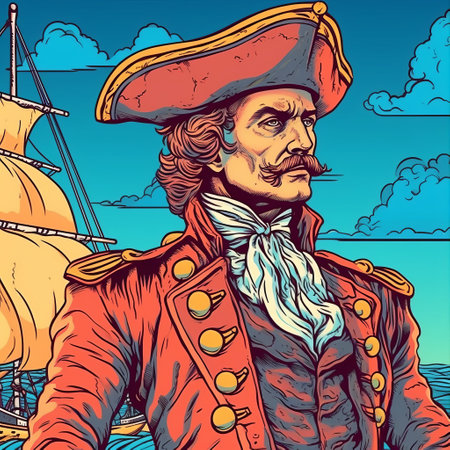 this is a vector illustration poster of red john henry, the pirate of jamaica. the poster is designed in a detailed ship sails style, inspired by the washington color school. the image is cross-processed and features realistic hyper-detail, shot on 70mm. the poster also includes pixel art and military and naval scenes. ai generatedの素材