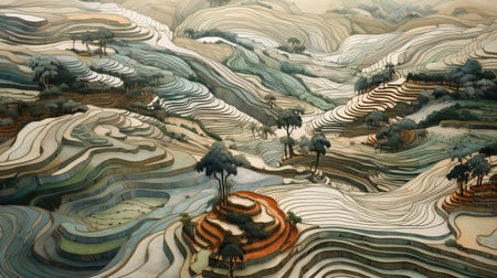 chinese painting featuring rice fields with a futuristic organic twist. the painting is striped with hyper-realistic details and intricately mapped worlds. the earthy tones and mind-bending sculptures are captured through the use of tilt-shift lenses. ai generatedの素材
