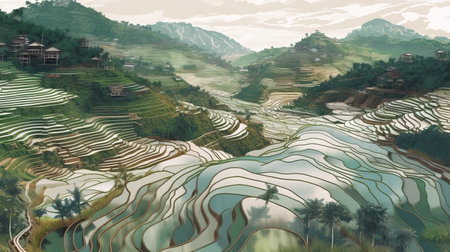 the "china tea house" painting depicts traditional rice fields and terraces in a conceptual digital art style. the realistic landscapes are portrayed with soft, tonal colors and an earth tone color palette. the aerial view of the traditional vietnamese scenery is a collaboration between artists james bullough and dan matutina. ai generatedの素材