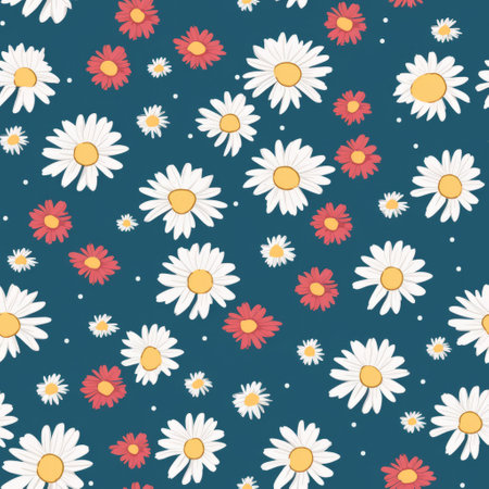 red daisy pattern seamless wallpaper featuring multiple patterns in the style of anime aesthetic. the wallpaper is designed with dark turquoise, dark white, dark sky-blue, and light yellow colors. the pattern is inspired by hannah flowers and lowell herrero's artwork. the wallpaper is available in dark sky-blue and white colors. ai generatedの素材