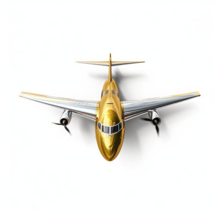 gold airplane in futuristic realism style by john wilhelm. birds-eye-view of streamlined design with dark yellow and silver accents. timeless nostalgia captured in photorealistic representation. ai generatedの素材