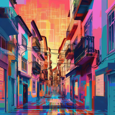 the painting in this city alley is a stunning example of the spanish school style, featuring vibrant color gradients and layered lines that create a captivatingly atmospheric cityscape. the use of a solarization effect adds a psychedelic quality to the artwork, making it truly unique. this uhd image is a must-see for anyone who appreciates colorful and dynamic urban art. ai generatedの素材