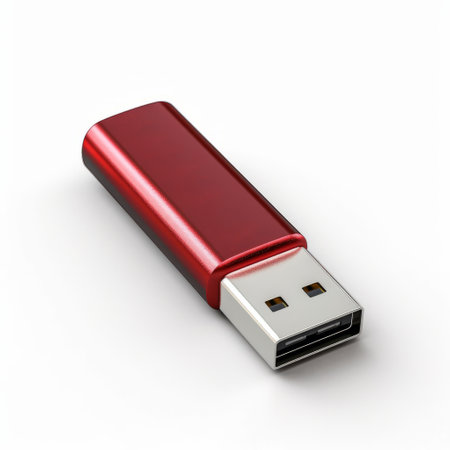 a red flash drive is showcased on a smooth and shiny white wall in this digitally manipulated photo. the flash drive is a light maroon color and is depicted in a realistic and detailed rendering. the photo has a cabincore aesthetic and is extremely gendered. it was sourced from flickr. ai generatedの素材