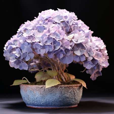 purple bonsai plants arranged in a mini garden, captured in the style of tokina opera 50mm f14 ff. the baroque still life showcases meticulous attention to detail and exquisite craftsmanship. the monochromatic color scheme of light blue and pink creates a spectacular show of ages. ai generatedの素材
