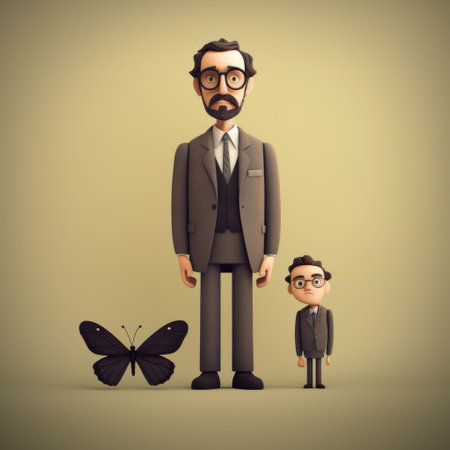 model man and small boy surrounded by insects in a neo-victorian setting. quirky character designs with a minimalist graphic style, rendered in cinema4d. charming characters with a touch of realism, captured through a leica m6 lens. keywords: model man, small boy, insects, neo-victorian, quirky character designs, minimalist graphic style, cinema4d, leica m6, charming characters. ai generatedの素材