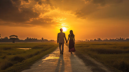 the photo depicts a man and woman walking down a road towards a stunning sunset, inspired by the style of thai art. the delicacy of touch in the image exudes love and romance, with the yellow and crimson hues of the sun adding to the southern countryside feel. this national geographic photo captures an elegantly formal moment in a breathtaking setting. ai generatedの素材