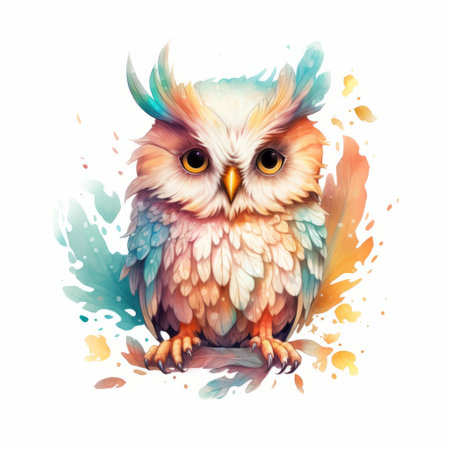 the owl in this photo is adorned with colorful paint splashes on its face, featuring soft gradients and a realistic color palette of light amber and aquamarine. the small brushstrokes add to its cute and colorful appearance, while also conveying powerful symbolism. this artwork is a perfect example of the fawncore style. ai generatedの素材