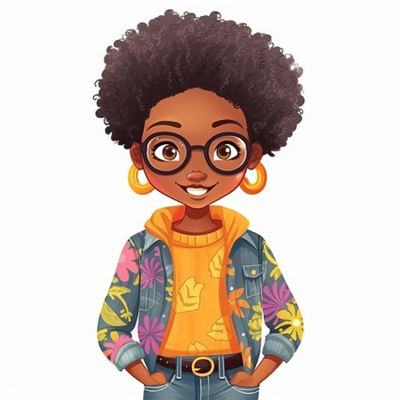 african american baby girl, styled in anime-inspired character designs, wearing a jacket, sunglasses, and flip flops. the artwork is reminiscent of the youthful protagonists in njideka akunyili crosby's work, with brightly colored and bold textures. julia pishtar's influence is also evident in the piece, with the use of amber tones. ai generatedの素材