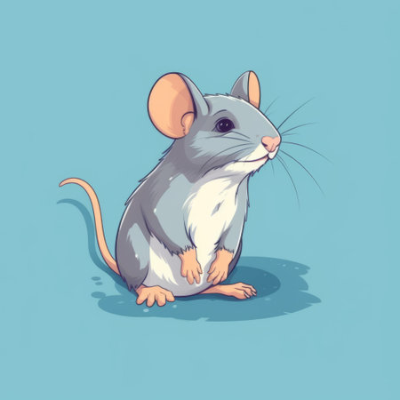 the pink and grey mouse, created by alena aenami, is depicted in a colorful caricature style with intense shading and flat shading techniques. the pensive pose of the mouse adds to the realism of the cartoon character. the 8k resolution of the image brings out the intricate details of the mouse against the blue background. ai generatedの素材