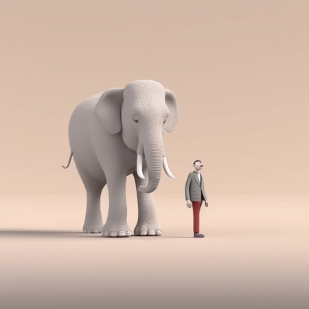 elephants depicted in a satirical illustration style through 3d rendering. these figurative minimalist portraits are inspired by the animated film pioneer's forced perspective technique. the elephants are portrayed in a flat style with limited shading, showcasing balanced proportions. ai generatedの素材