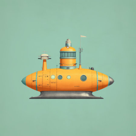 the acrylic illustration showcases a steampunk-inspired submarine on a vibrant turquoise background. the artwork is reminiscent of sacha goldberger's style, with a color palette of light yellow and dark orange. the graphic design poster art is captured using a minolta riva mini camera with a fisheye lens, adding a unique touch to the piece. ai generatedの素材