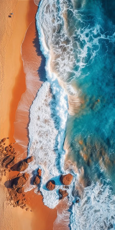 australian beaches captured from an aerial perspective in vibrant colors of light orange and light indigo. the photo-realistic techniques used in the image create a stunning backdrop that captures the essence of nature. the teal and orange hues add to the fashwave style of the photograph, making it a perfect addition to any vibrant stage backdrop. ai generatedの素材