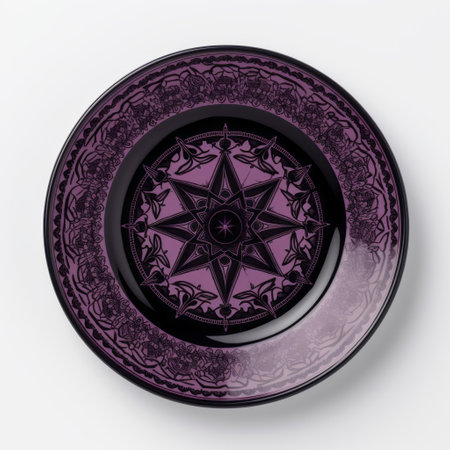 purple star-shaped plate with intricate gothic illustrations in mysterious chiaroscuro. the plate features a dark pink and light black color scheme and is made of glass and ceramics. the ancient world motifs add to the visual harmony of the design. keywords: purple, star-shaped, plate, gothic illustrations, chiaroscuro, dark pink, light black, glass, ceramics, ancient world motifs, visual harmony. ai generatedの素材