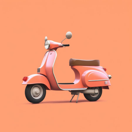 a moped in orange and pink hues is showcased on an orange background, created with the organic sculpting and subtle tonal values of cinema4d. the simple yet elegant composition is enhanced by the subtle use of color and the velvia effect, while the zbrush technique adds depth and texture to the image. ai generatedの素材