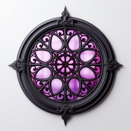 this gothic window frame features a stunning decorative pattern in various colors, including light purple and black. the circular shapes and realistic details make it a perfect addition to any wall sculpture or installation. these conceptual light sculptures are captured with back button focus and are reminiscent of the artgerm style. ai generatedの素材