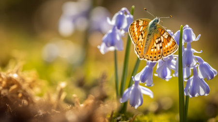 bluebell butterfly perched on a rock, captured by carsten meyerdierks in a visually poetic style with softbox lighting. the light orange and light amber hues play with light and shadow, reminiscent of lush baroque still lifes. the butterfly's natural beauty is enhanced by the flower and nature motifs in the background. ai generatedの素材