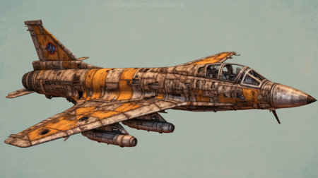 an old jet fighter, reminiscent of liam sharp's style, soars through the sky in dark beige and orange. the willem hofhuizen-inspired distressed and weathered surfaces are accentuated by thick paint layers, while the photo-realistic drawings are captured with a hasselblad h6d-400c. ai generatedの素材