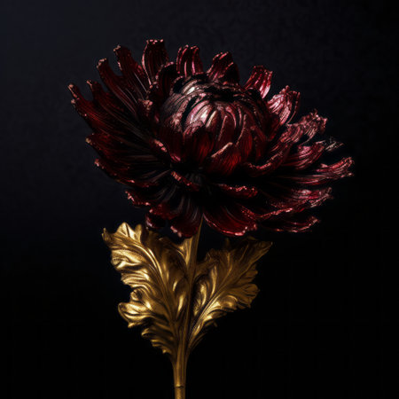 the metallic flower image, image1, is a stunning piece of digital art and sculpture that embodies the dark and brooding designer style. in the style of artemisia gentileschi, sebastian errazuriz, and nathan wirth, this piece features a dark red and dark gold color scheme with baroque grandiosity. the enamel finish adds a touch of elegance to this unique and captivating piece. ai generatedの素材