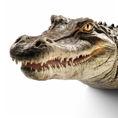 the alligator's head is captured in a close-up shot with its mouth wide open, revealing its sharp teeth. the photo is taken in a white background style, using innovative techniques and softbox lighting to achieve photorealistic accuracy. this national geographic-style image is a perfect example of thomas wrede's caninecore photography. ai generatedの素材