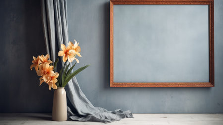 wooden frame with flowers on blue wall against empty grey floor. detailed drapery style with light bronze and orange hues. eye-catching still life with living materials and subtle shades of gray and beige. ai generatedの素材