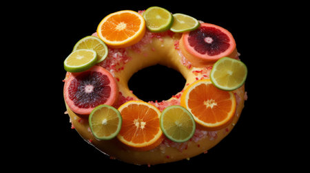 citrus donut with orange and lime slices arranged in an elaborate fruit design. vintage cut-and-paste style on a black background. photo by cranberrycore on flickr, featuring the artwork of okuda san miguel. keywords: citrus donut, orange, lime, fruit arrangement, vintage, black background, okuda san miguel, cranberrycore, cut-and-paste, flickr. ai generatedの素材