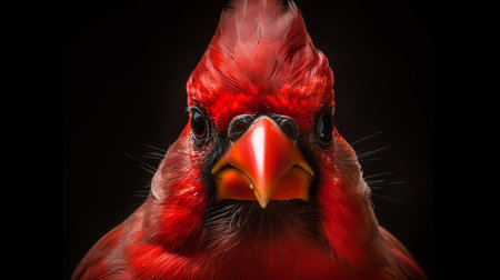 red cardinal photographed in a hyper-realistic style on a black background. the portrait captures the bird's strong facial expression and features focus stacking technique. the image is reminiscent of the works of john larriva, gabriel von max, and cassius marcellus coolidge, known for their anthropomorphic animal portraits. ai generatedの素材