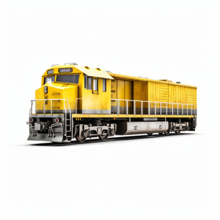 a yellow engine train is captured in a realistic portrait style on a white background. the dynamic color combinations and realistic rendering make it a perfect fit for commercial imagery. the photo is taken using a graflex speed graphic camera, adding to its vintage charm. ai generatedの素材