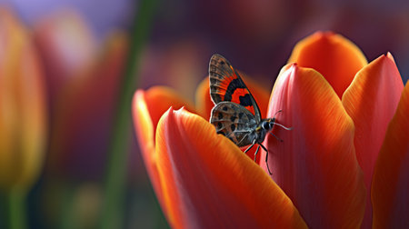 a bug perches on a tulip with bright pink petals in this photorealistic and stunningly accurate image. the light red and dark orange hues are complemented by impressionist dappled light, creating a breathtaking scene. the use of vray tracing and inspiration from lawrence alma-tadema's work make this national geographic photo a true masterpiece. ai generatedの素材