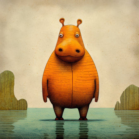 this art print by mark briggs features a distinctive hippo in the style of goro fujita and dan matutina. digitally enhanced with light brown and orange hues, the print showcases the hippo in coastal scenes. the artwork also draws inspiration from antoni gaudi's unique style. ai generatedの素材