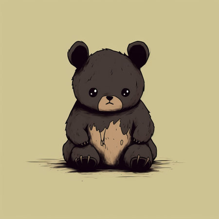brown bear sitting on the ground in a kawaii wallpaper style. the drawing is in dark black and black, with a deteriorated look, and minimalistic drawings. the artist, chris bachalo, emphasizes emotion over realism, with sparse use of color. the style is reminiscent of gris grimly's work. ai generatedの素材