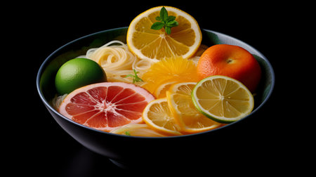 black bowl filled with lemons and fruits captured in fluid photography style. the translucent overlapping of orange and green fruits gives a traditional chinese vibe. the dark orange and white hues of the fruits create a stunning contrast against the black background. the image is captured using the schlieren photography technique, adding a unique touch to the composition. ai generatedの素材