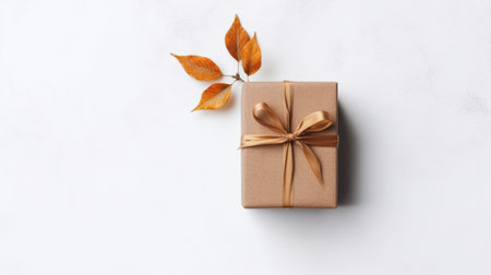a brown gift box with a brown bow sits on a white surface, surrounded by leaf patterns in light orange and light gold. this nature-inspired imagery is a minimalist beauty, with a subtle consumer culture critique. the composition is reminiscent of the works of hans holbein the younger. this photo is part of the vfxfriday collection. ai generatedの素材